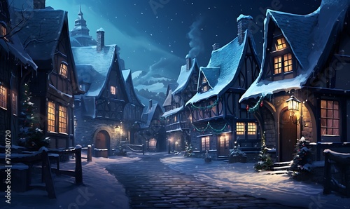 Snowy village with illuminated windows on a cold winter night. Generative Ai   © Handz