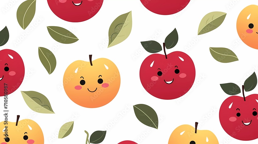cute fruit pattern smiling apple on minimalist background. generative ai cute fruit pattern smiling apple on minimalist background. generative ai