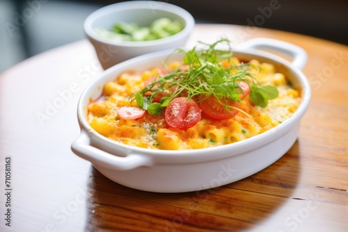 mac and cheese with diced tomatoes on top