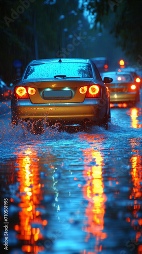 Rainy night traffic scene with glowing car lights and reflections © Mustafa