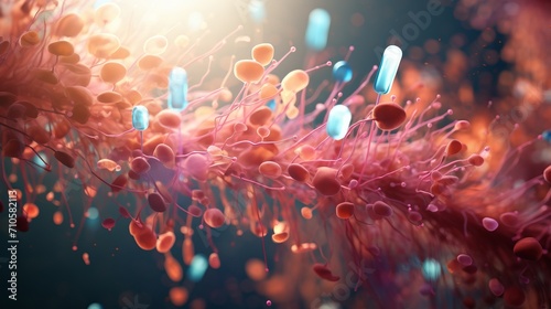 Close up of 3d microscopic bacterias probiotics and oral bacteria in detailed macro view