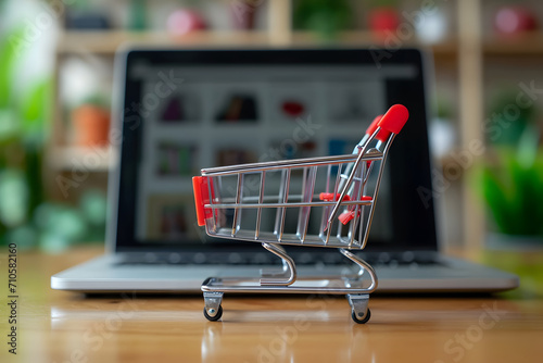 Leerer Mini Einkaufswagen: E-Commerce-Konzept mit Laptop für virtuelle Einkäufe