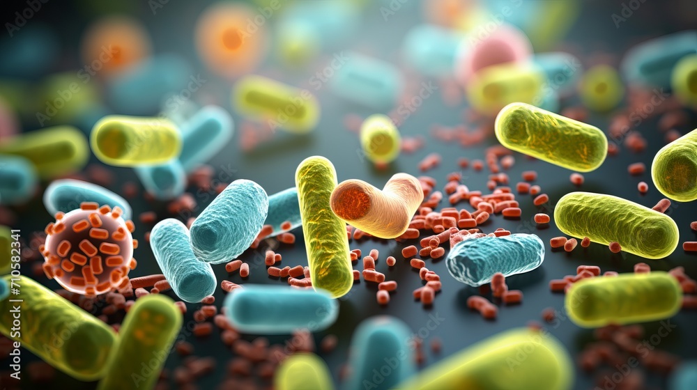 Close up of vibrant 3d microscopic bacteria  probiotics, oral bacteria, and their intricate world - obrazy, fototapety, plakaty 
