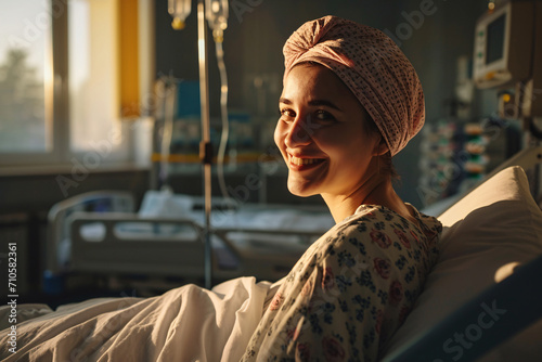 Happy cancer patient. Smiling woman after chemotherapy treatment at hospital oncology department. Breast cancer recovery. Breast cancer survivor. Smiling bald woman with pink headscarf. photo
