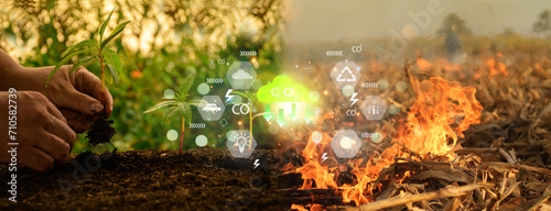 World Earth Day environmental concept. Hand planting trees with fire, forest burning Co2 icons. Ecological circular conservation, sustainable development, environmental friendliness, green business.