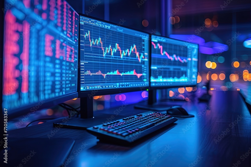 Close-up of the computer with coffee cup and glowing forex index chart with grid on blurry background. Market, finance, and online trading concepts.