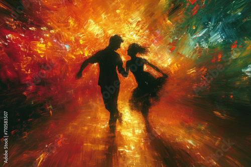 Tänzerinnen und Tänzer tanzen inmitten eines chaotischen Wirbels aus neonleuchtenden Spritzern und Pinselstrichen in einem neoexpressionistischen Bild