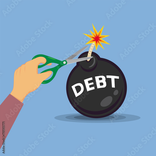 Hand cuts the lit fuse of a debt bomb with scissors. illustration, vector, cartoon, eps10. 
