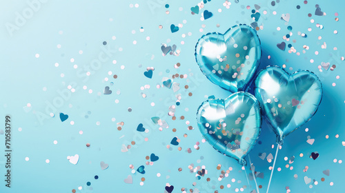 Generative AI, Foil blue balloons in heart shape and confetti for Valentine's day or wedding with copy space   © DELstudio