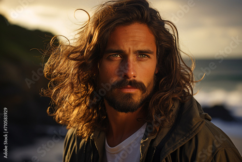 Long haired handsome man portrait