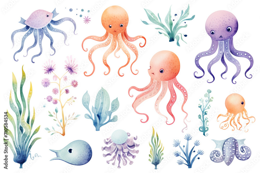 Set of watercolor paintings Squid fish on white background. Set of watercolor paintings Squid fish on white background.