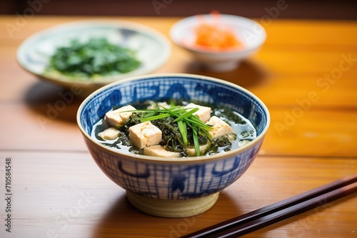 bowl of miso soup with tofu cubes and seaweed, green onions sprinkle