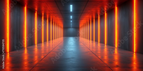Futuristic corridor with glowing neon lights and sleek architecture
