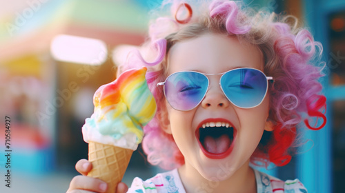 Little girl with colorful hair and sunglasses enjoying rainbow ice cream cone