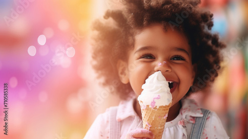 Latin American child portrait enjoying color ice cream cone  copy space