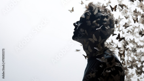 Man profile with butterflies flying from head, concept of mental health