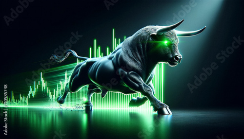black bull charging and taking the stock to new all time highs. Stock market rally. Green rising charts in the background photo