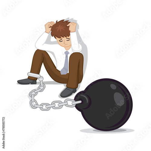 Businessman suffering from tied with iron chain huge iron ball. When the going gets tough. illustration, vector, cartoon, eps10. 
