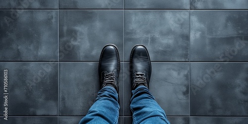 Close-up of person standing on tiled floor in black shoes and blue jeans photo