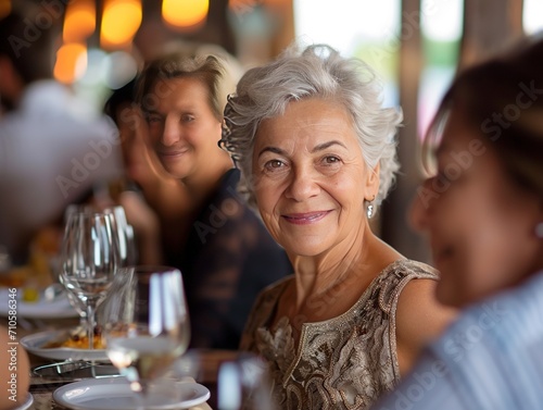 The senior Woman smiles and talks with a friend in the restaurant, Restaurant Reunion: Joyful Senior Smiles