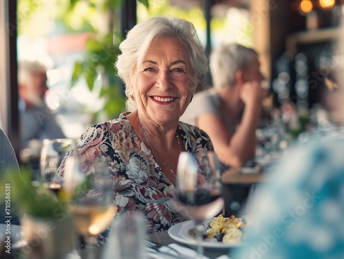 The senior Woman smiles and talks with a friend in the restaurant, Restaurant Reunion: Joyful Senior Smiles