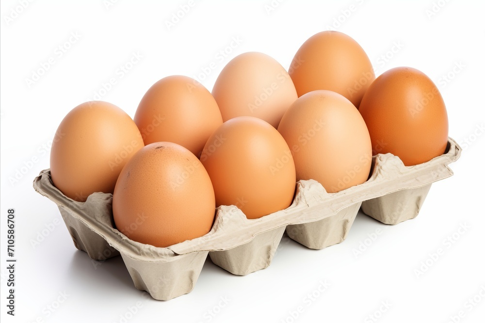 Close up of a wooden box filled with farm fresh eggs, isolated on a clean white background