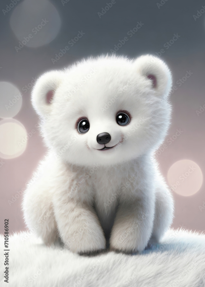 Cute white bear cub with big eyes in bokeh background Cute white bear cub with big eyes in bokeh background