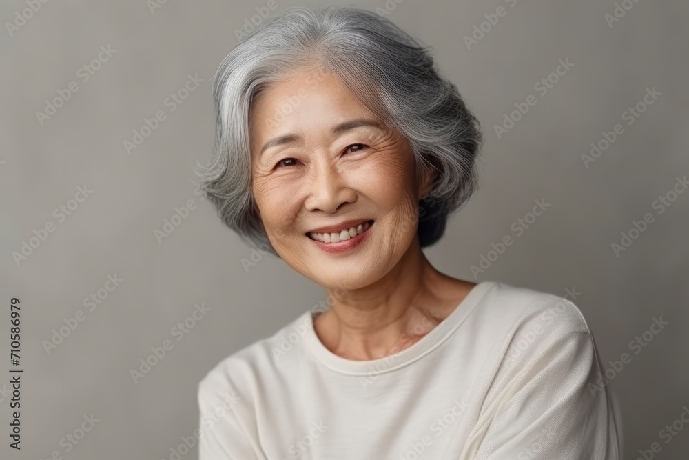 Portrait of beautiful middle-aged Asian woman on gray background. Gorgeous Korean woman 50-60 years old smiles, looks at camera. Concept of happy pensioner, old age, cosmetology and face lifting Portrait of beautiful middle-aged Asian woman on gray background. Gorgeous Korean woman 50-60 years old smiles, looks at camera. Concept of happy pensioner, old age, cosmetology and face lifting