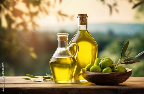Glass bottle with olive oil  green olives on wooden table against the backdrop of garden of olive trees. Healthy oil for cooking  growing olives  blurred natural garden bokeh background