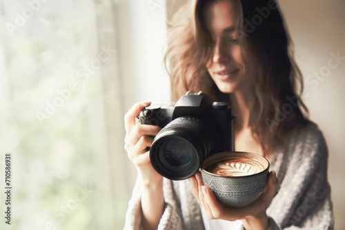 The image of a girl in the rays of the morning sun, standing by the window with a camera in her hands and a cup of aromatic cappuccino, she smiles and enjoys a creative day.