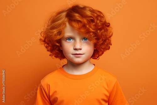 Cute handsome little boy with curly red hair and freckles wearing an orange T-shirt on an orange background. Place for text. Studio portrait of happy red-haired child