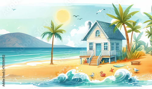 Illustration of a wooden cottage with a blue tile roof on the seashore. Palm trees grow and birds fly around the house