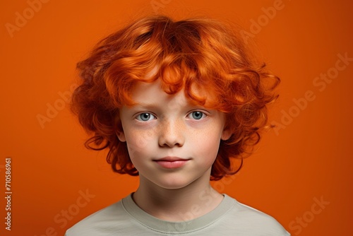 Cute handsome little boy with curly red hair and freckles wearing an orange T-shirt on an orange background. Place for text. Studio portrait of happy red-haired child