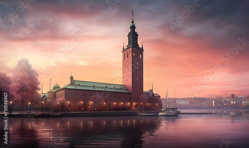 Stockholm city hall, but built in the medeival style, Photorealism, extreme detail, dusk, pink skies. Generative Ai