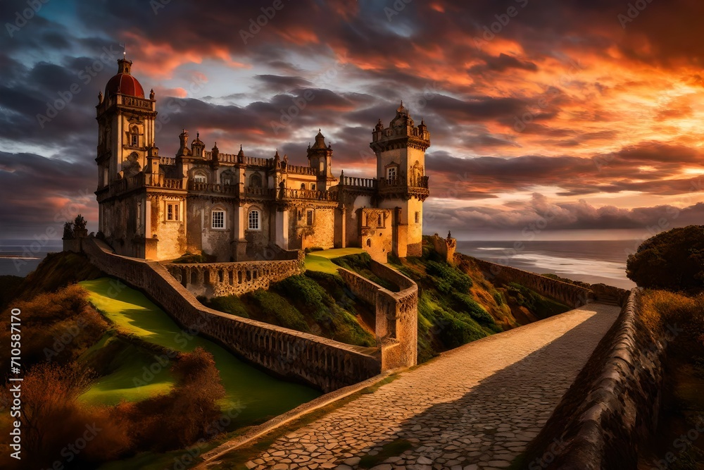 The intricate architecture of a historic Portuguese castle set against a dramatic sunset sky.