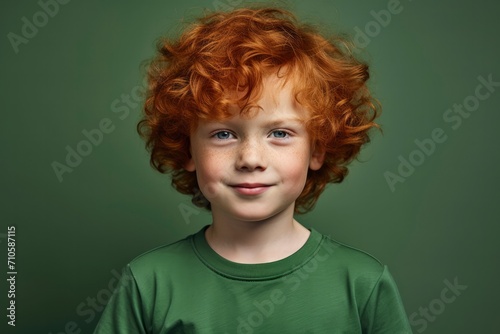 Cute handsome little boy with curly red hair and freckles wearing an green T-shirt on an plain green background. Place for text. Studio portrait of happy red-haired child
