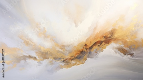 A mesmerizing fusion of white and golden hues, swirling and blending to form an abstract liquid symphony of pure elegance against a sparkling background.