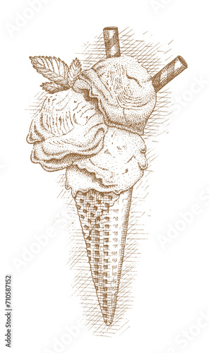 Ice cream in a waffle cone by hand drawn