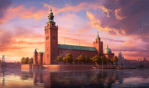 Stockholm city hall, but built in the medeival style, Photorealism, extreme detail, dusk, pink skies. Generative Ai