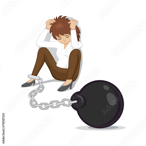 Businesswoman suffering from tied with iron chain huge iron ball. When the going gets tough. illustration, vector, cartoon, eps10. 