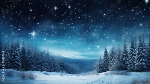 Snowy mountains with spruce forest starry sky at night. photo image.