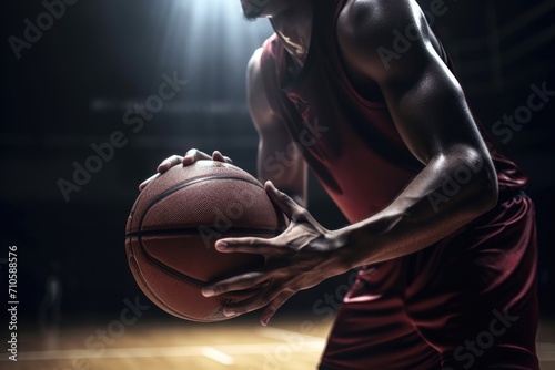 close-up of basketball player dribbling the ball, ready to make a shot photo