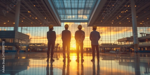 Construction team at sunset in modern facility, professional collaboration