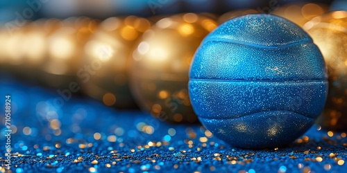 Close-up of a blue and gold exercise ball in blue and gold with glittery background