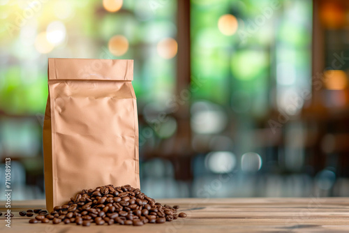 Blank brown paper bag with coffee beans on blurred coffee shop background