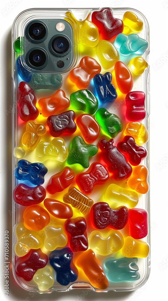 Gummy bear explosion pattern on a clear phone case, ideal for a unique and playful smartphone accessory