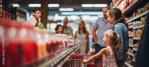 A group of people talking in a supermarket between rows of drinks. Product shopping, side shot of customers. Horizontal banking for web. Photo AI Generated