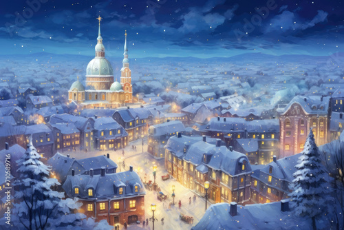  snowy winter christmas city with stars in the sky, lights in the windows