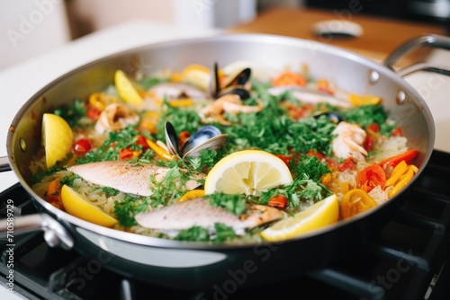 partially cooked paella with raw seafood atop before stirring in