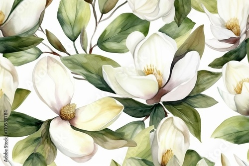 A seamless watercolor pattern of magnolia flowers blooming in spring, isolated on a white background. Generative AI #710589784
